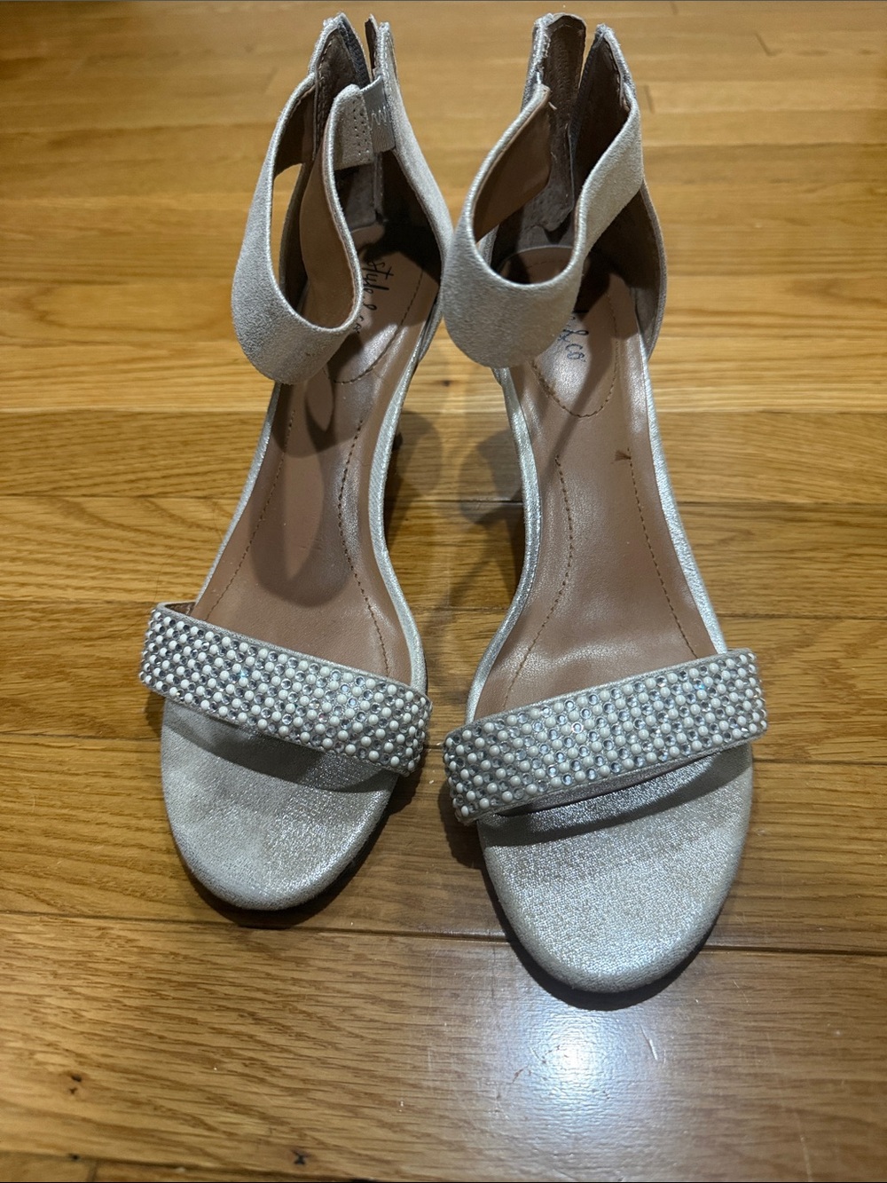 Pearl-Embellished Ankle Strap Sandals